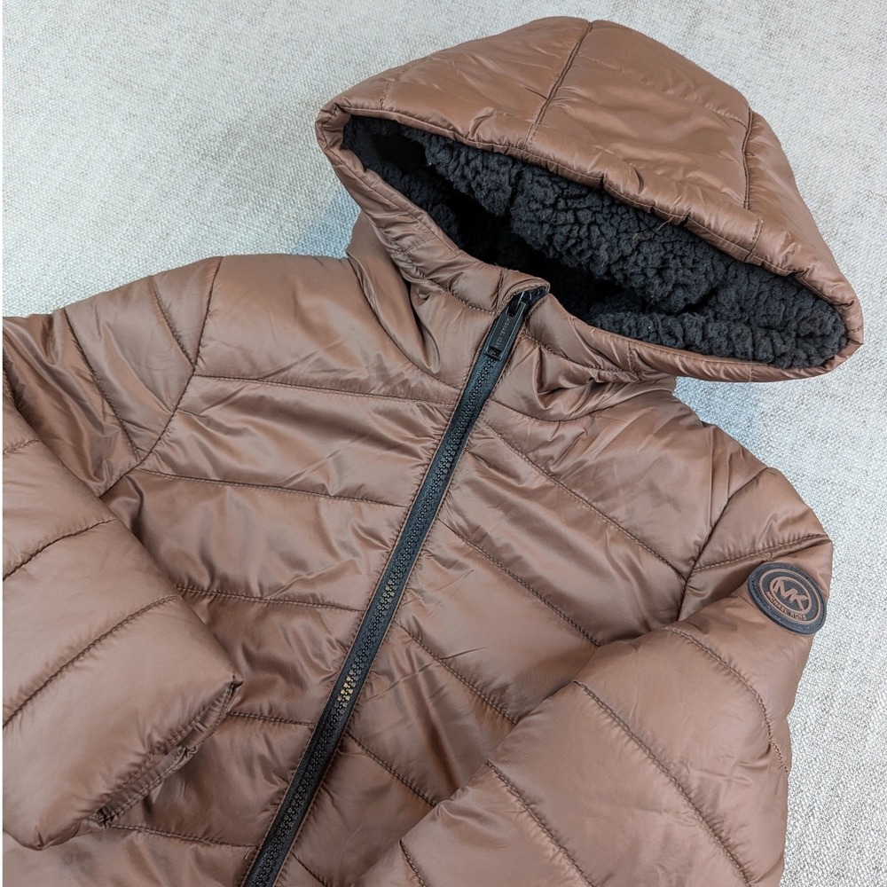 Michael Kors Jacket Kids 5/6 Brown Puffer Hooded Faux Shearling Lined Quilted
